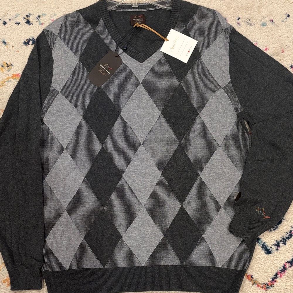 Greg Norman Collection V-Neck Argyle Sweater - Dark Gray and Light Gray